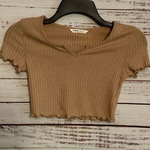 SHEIN Tan Ribbed Short Sleeve Top